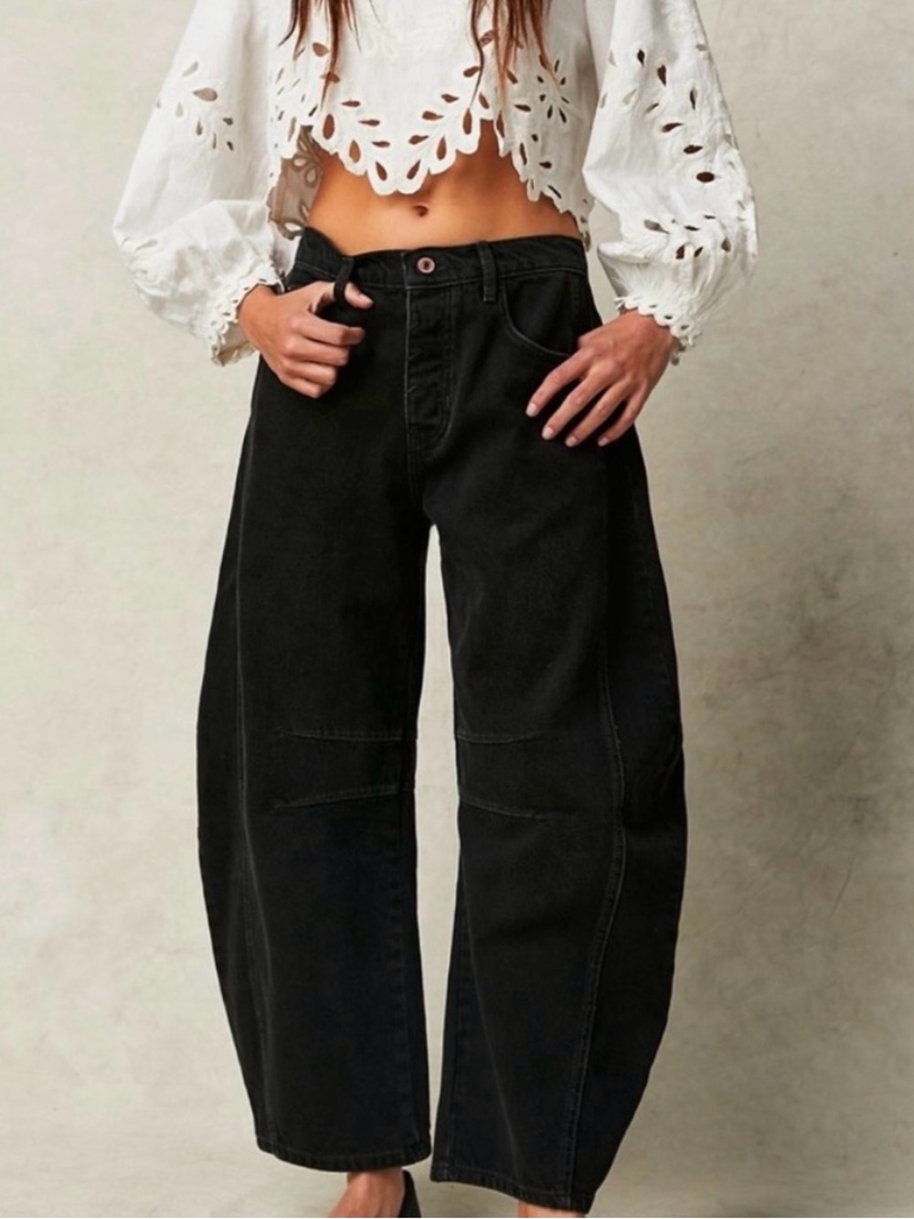 Free People Good Luck Mid Rise Black Corduroy Barrel Jeans | size 26